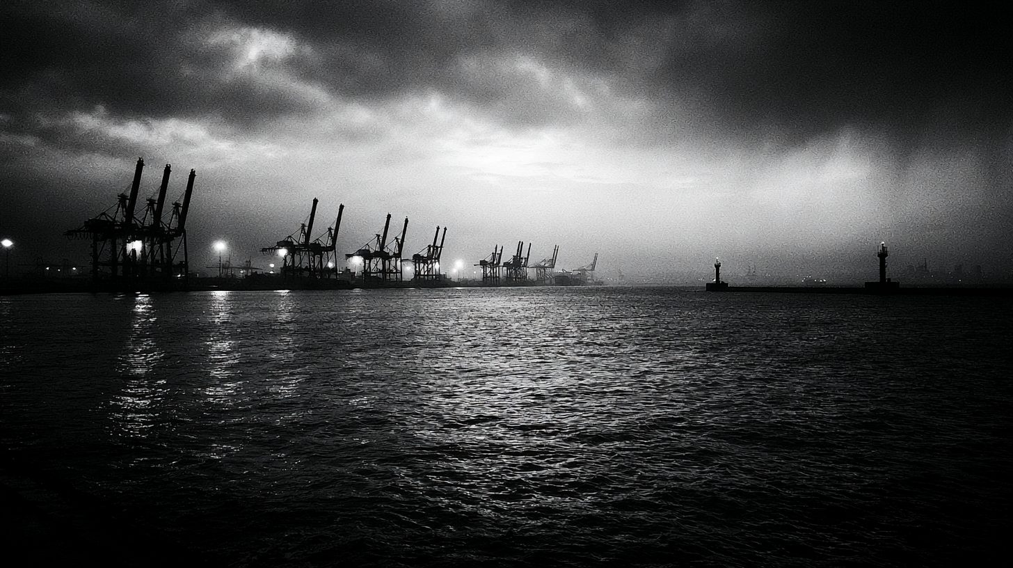 Grues portuaires au crépuscule sur une côte industrielle