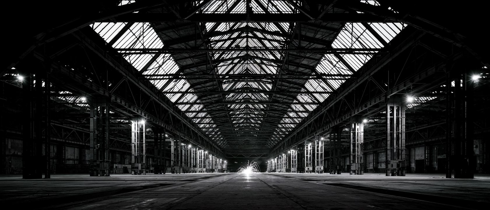 Halle industrielle, point de soudure au loin